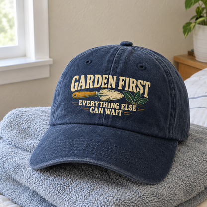 Vintage washed navy cap with printed “Garden First. Everything Else Can Wait” slogan and gardening graphic, front view
