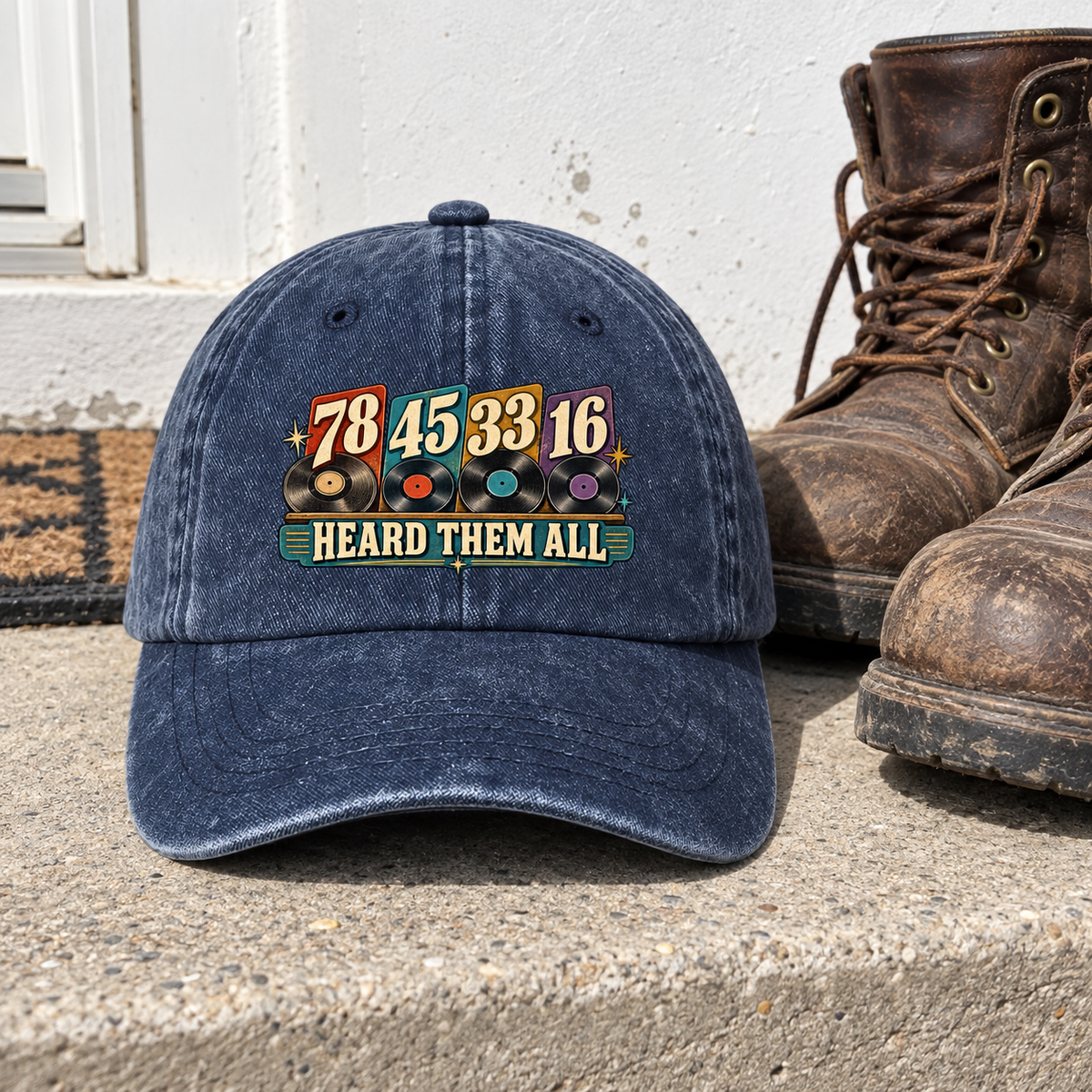 Navy vintage washed cap with printed 78 45 33 16 Heard Them All slogan
