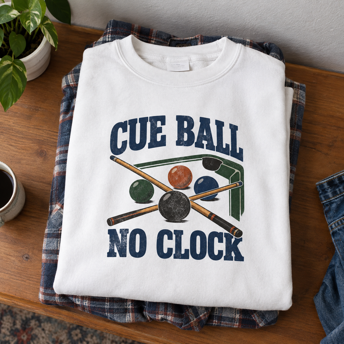White vintage sweatshirt printed with Cue Ball No Clock billiards design, hero view.