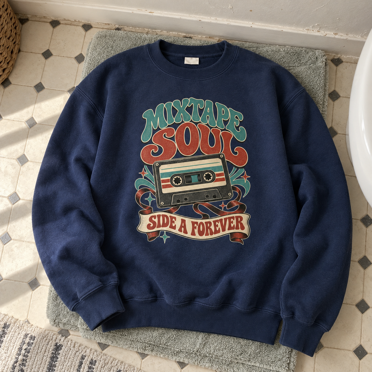 Navy vintage sweatshirt with printed Mixtape Soul Side A Forever cassette design, overhead view