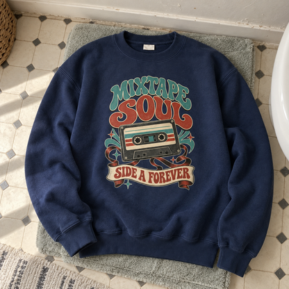 Navy vintage sweatshirt with printed Mixtape Soul Side A Forever cassette design, overhead view