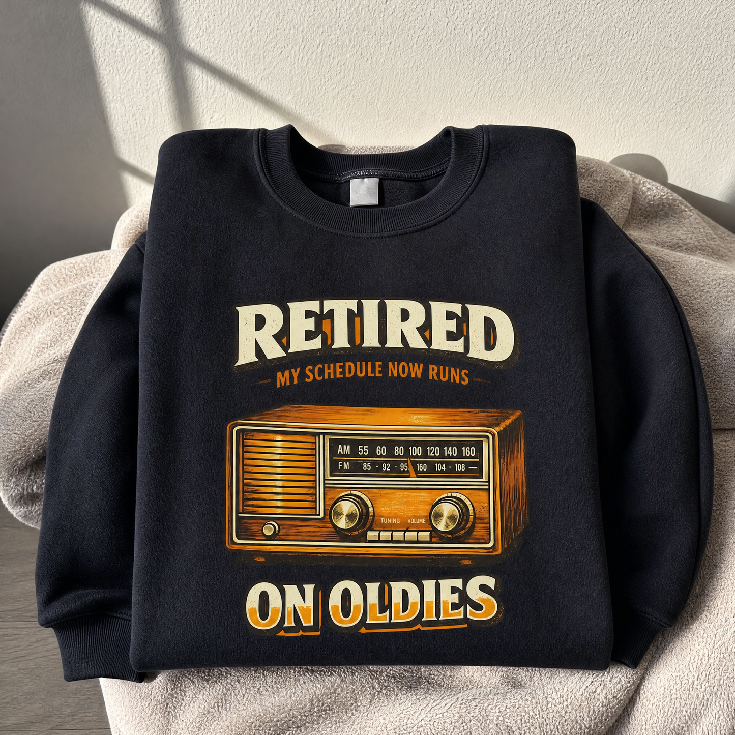 vintage sweatshirt product shot with 39 schedule runs on oldies ideogram 4x printed design