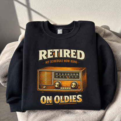 vintage sweatshirt product shot with 39 schedule runs on oldies ideogram 4x printed design