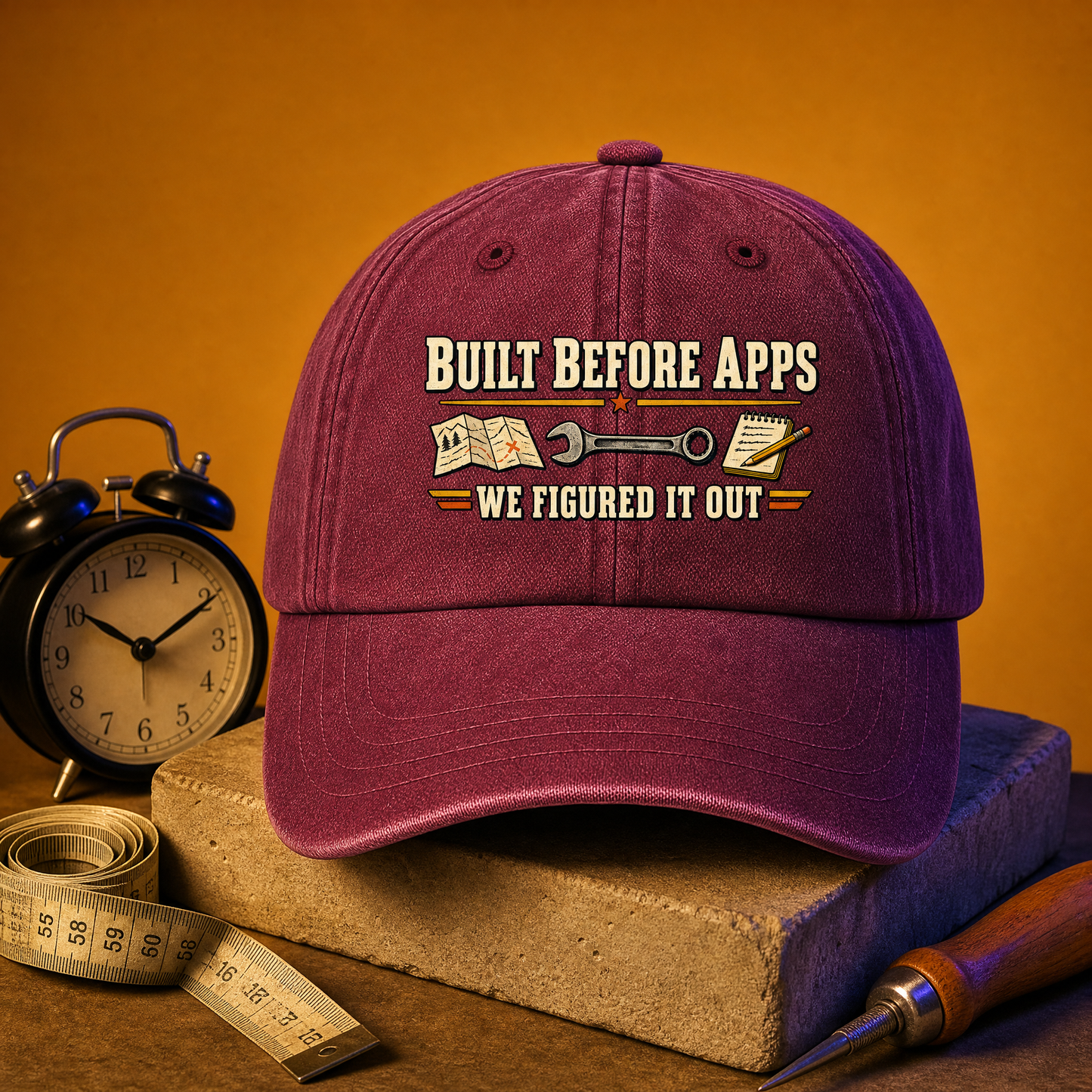 Maroon vintage washed cap with printed Built Before Apps slogan on front hero view