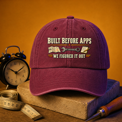 Maroon vintage washed cap with printed Built Before Apps slogan on front hero view