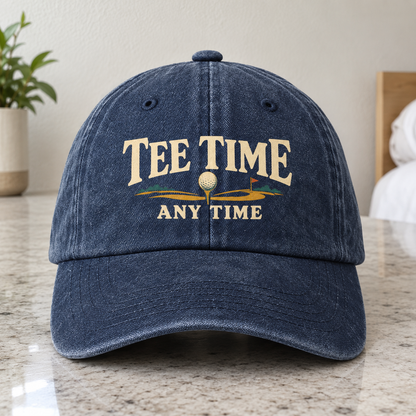 Vintage washed cap in navy blue with printed Tee Time Anytime golf design, front hero view