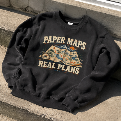 Black vintage sweatshirt with printed Paper Maps Real Plans design on front view