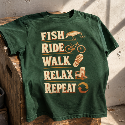 Green vintage t-shirt with printed Fish Ride Walk Relax Repeat slogan and outdoor activity graphics, front view