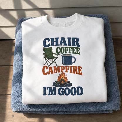 vintage sweatshirt product shot with Chair Coffee Campfire. I'm Good printed design