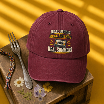 Burgundy vintage washed cap with printed Real Music Real Friends Real Summers design, hero view.