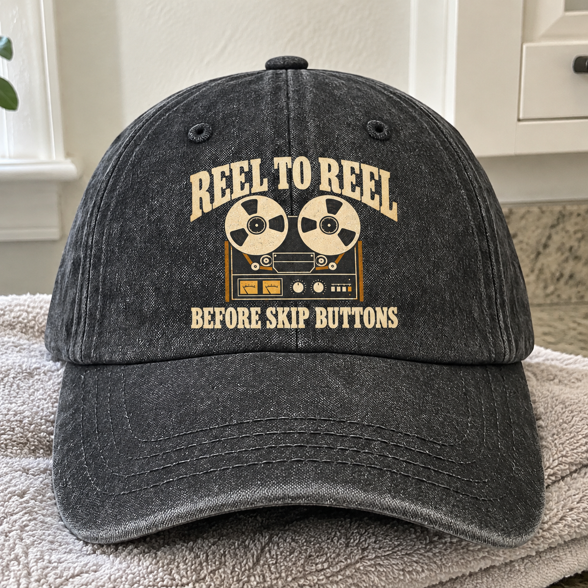 Black vintage washed cap with Reel To Reel Before Skip Buttons printed design front view