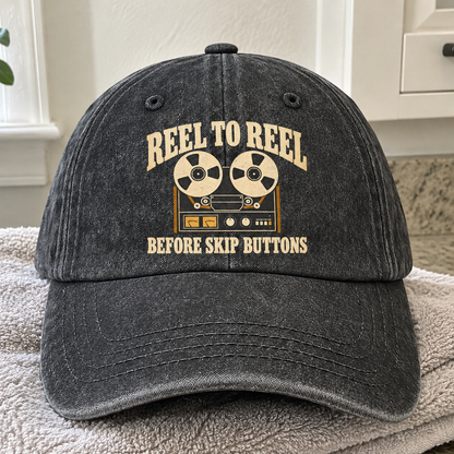 Black vintage washed cap with Reel To Reel Before Skip Buttons printed design front view
