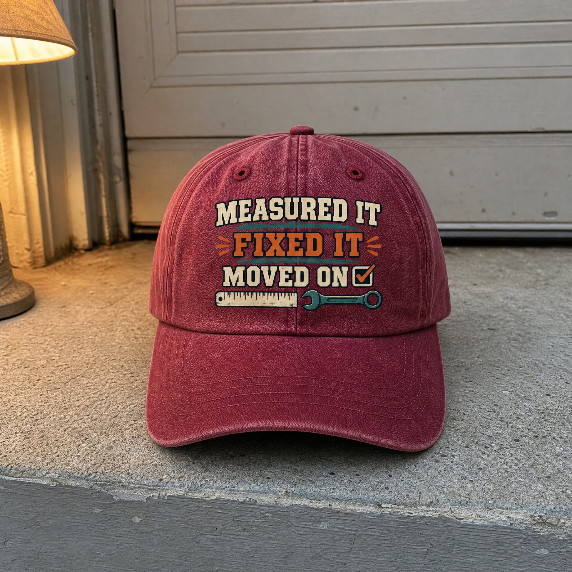 Red vintage washed cap with printed Measured It Fixed It Moved On design front view