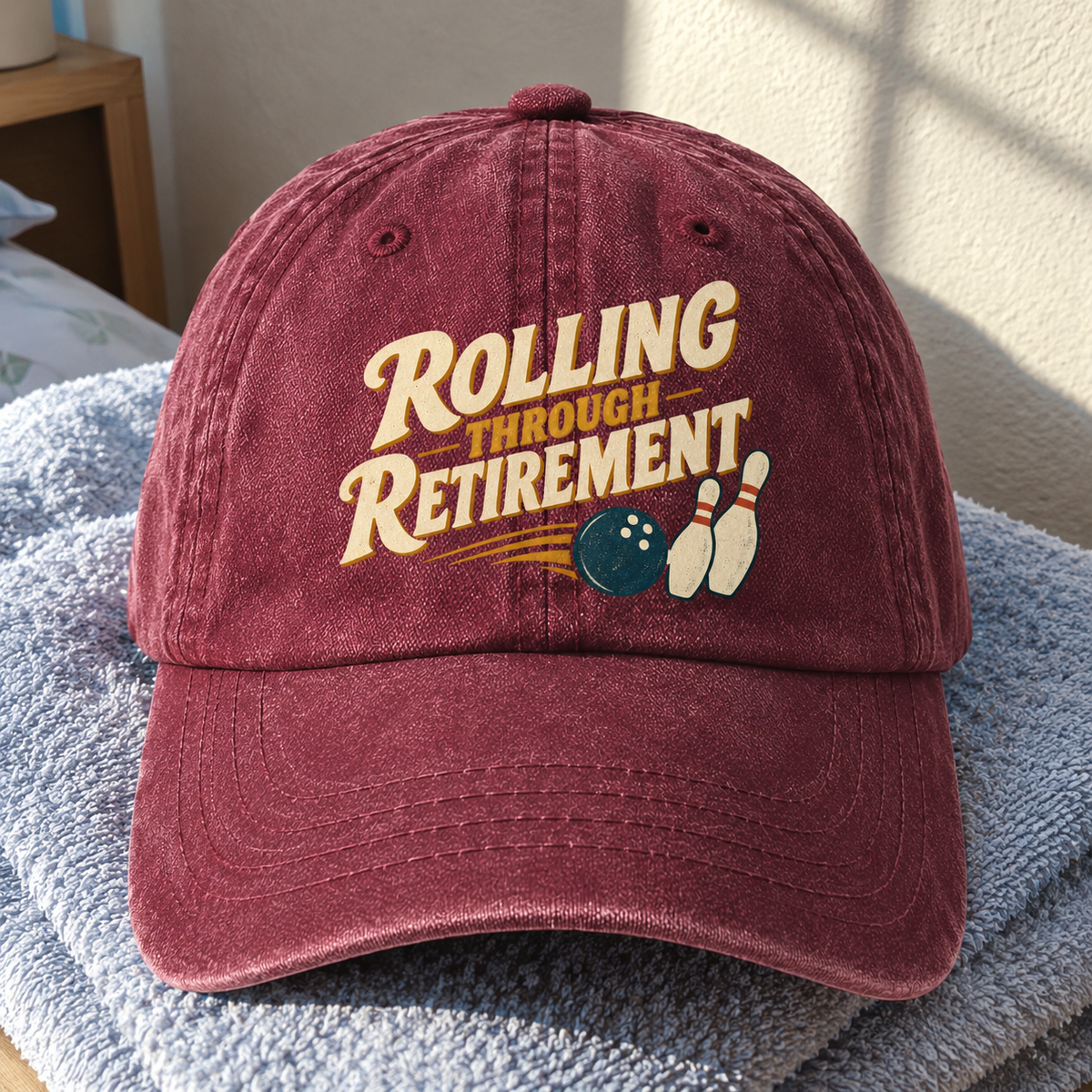 Burgundy vintage washed cap with printed Rolling Through Retirement bowling design, front hero view