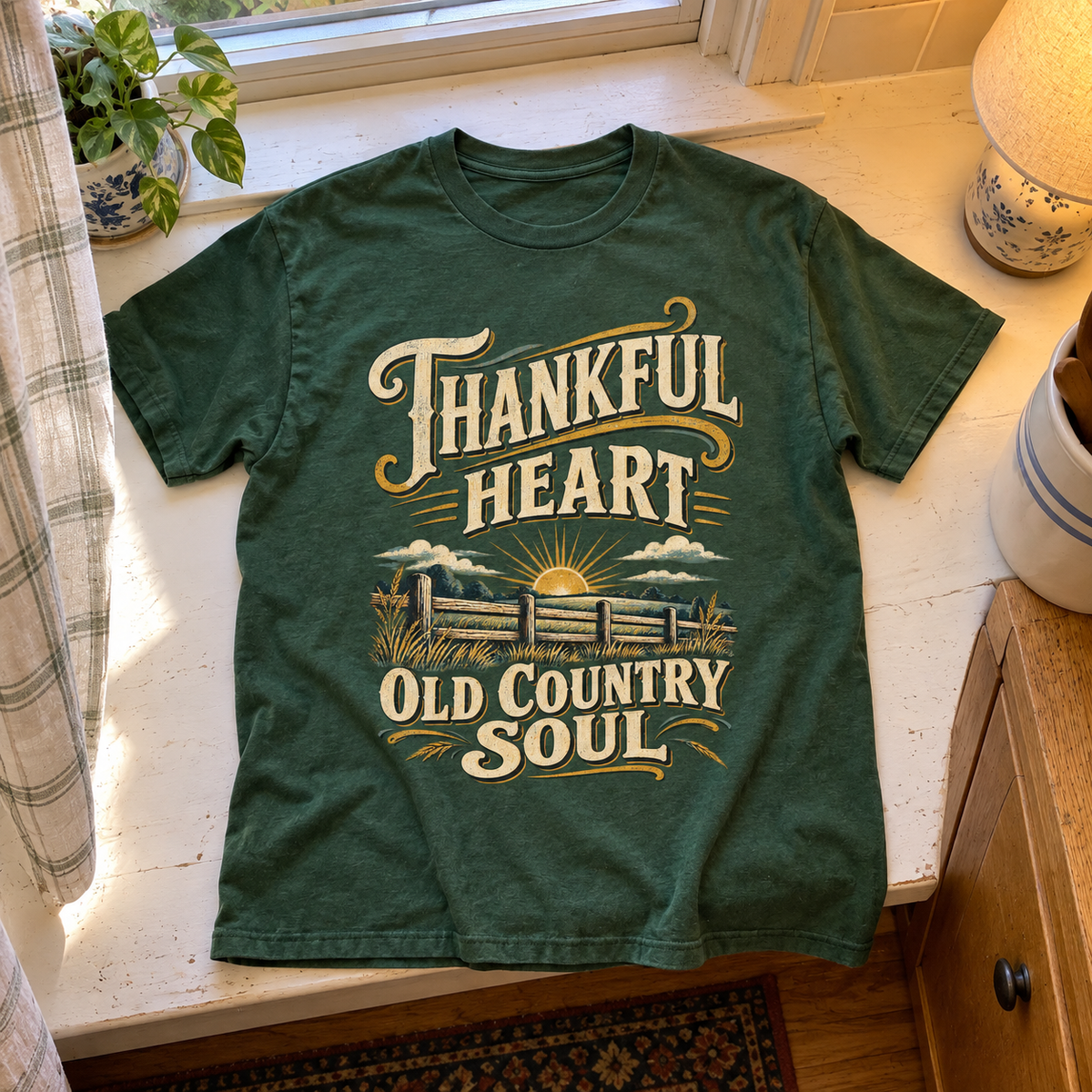 Dark green vintage t-shirt laid flat with Thankful Heart Old Country Soul print.