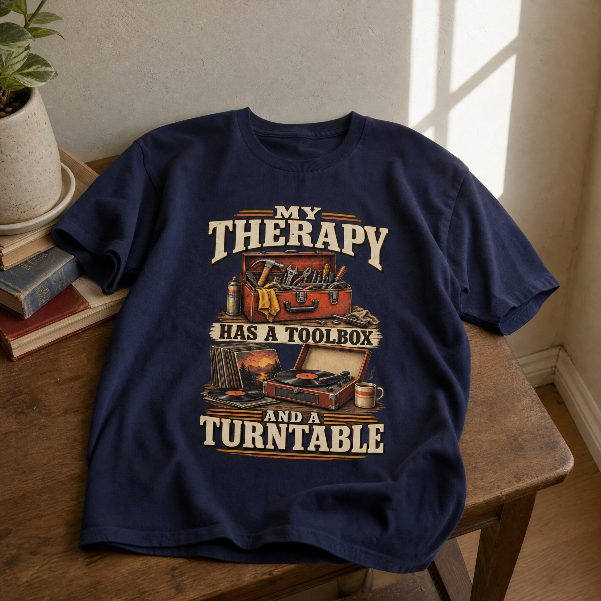 33 toolbox and turntable ideogram printed vintage t-shirt, hero view with graphic design.