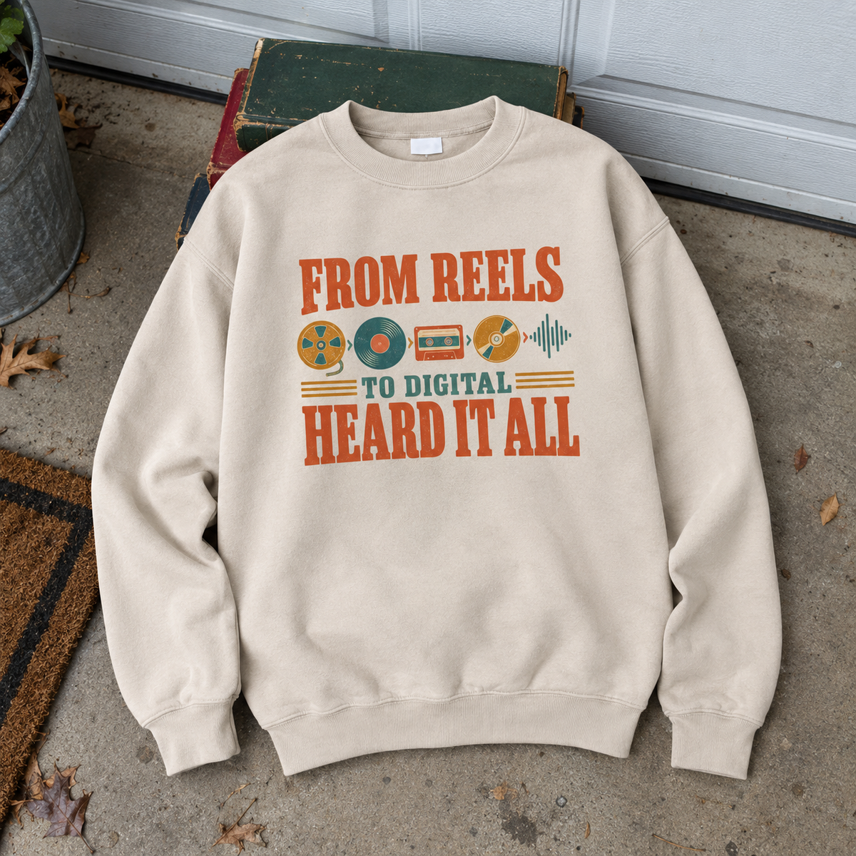 Cream vintage sweatshirt with printed From Reels To Digital Heard It All design, front view