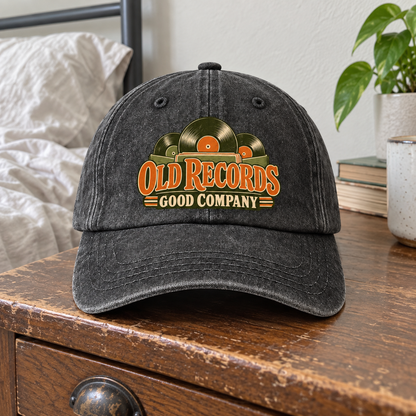 Black vintage washed cap with printed records and Old Records Good Company slogan