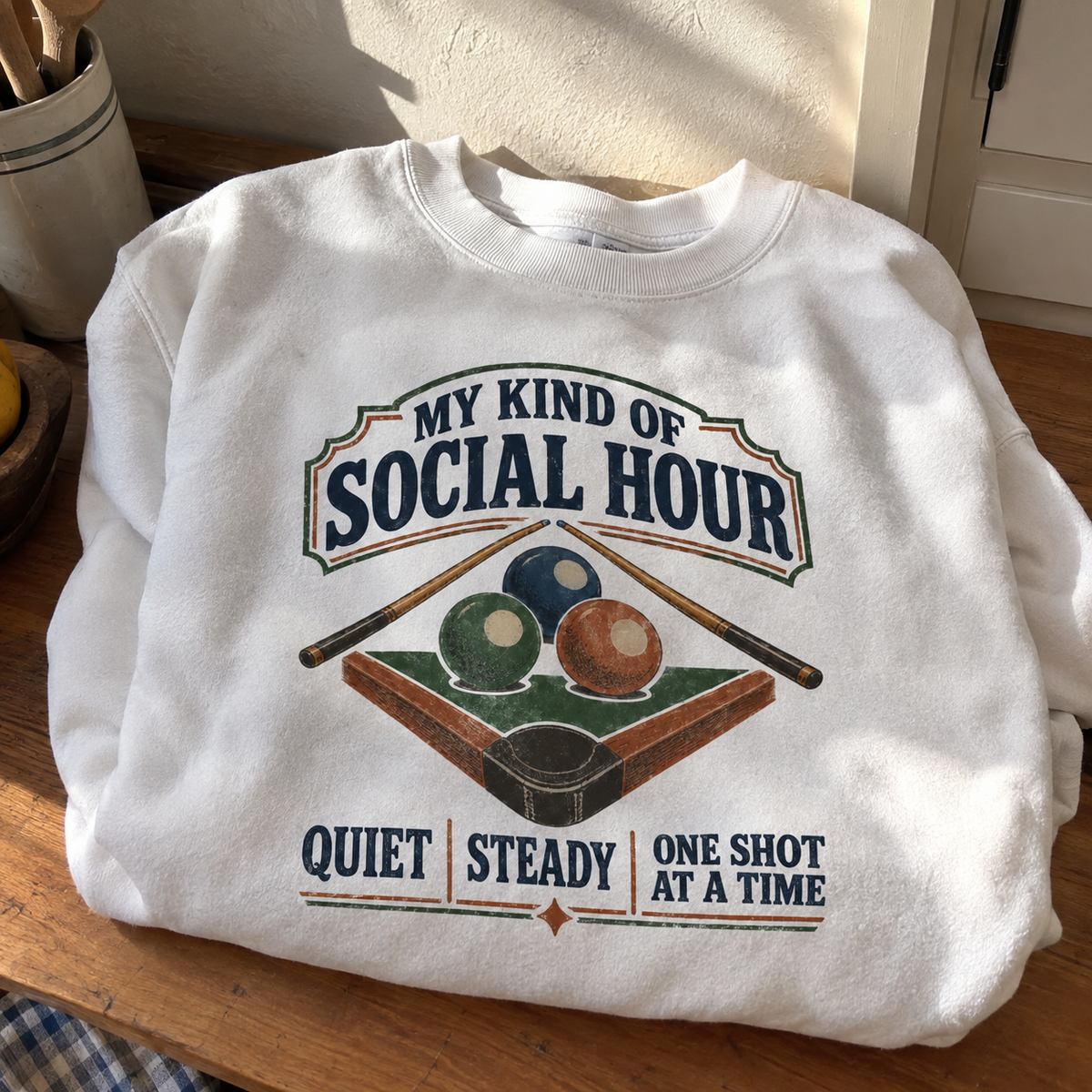 White vintage sweatshirt with “My Kind Of Social Hour” printed slogan and billiards graphic