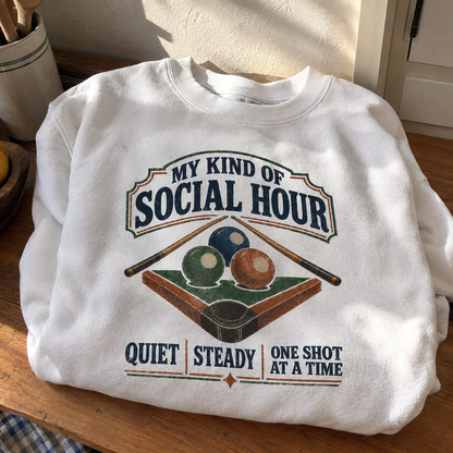 White vintage sweatshirt with “My Kind Of Social Hour” printed slogan and billiards graphic