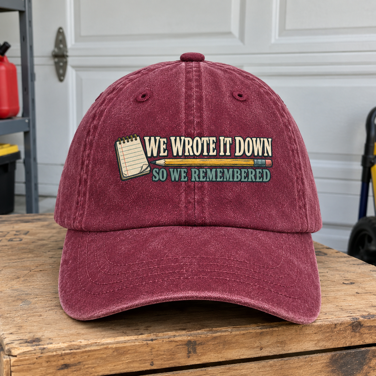 Burgundy vintage washed cap with printed We Wrote It Down So We Remembered slogan, front-facing