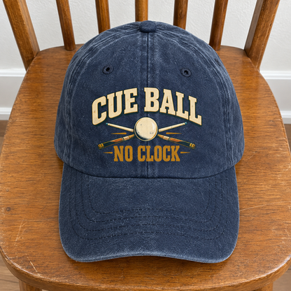 Navy vintage washed cap with printed Cue Ball No Clock design, front hero view
