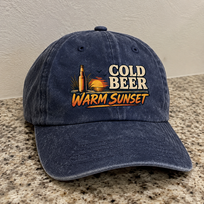 Navy vintage washed cap with printed Cold Beer Warm Sunset design