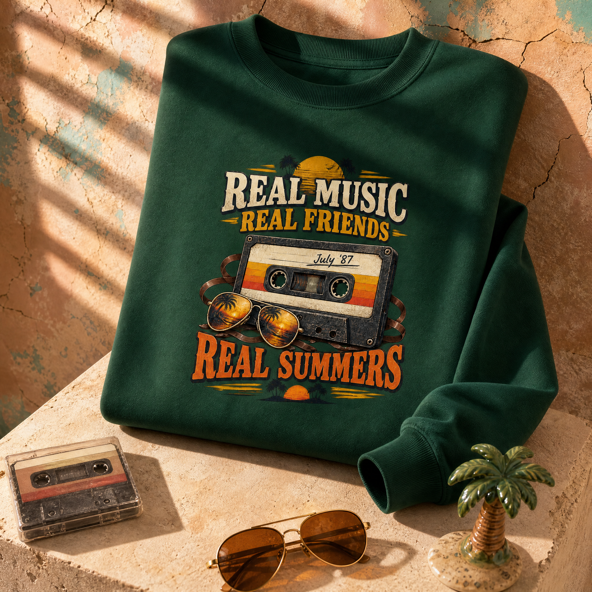Dark green vintage sweatshirt with printed Real Music Real Friends July ’87 Real Summers design