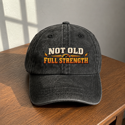Black vintage washed cap with printed Not Old Full Strength slogan front view