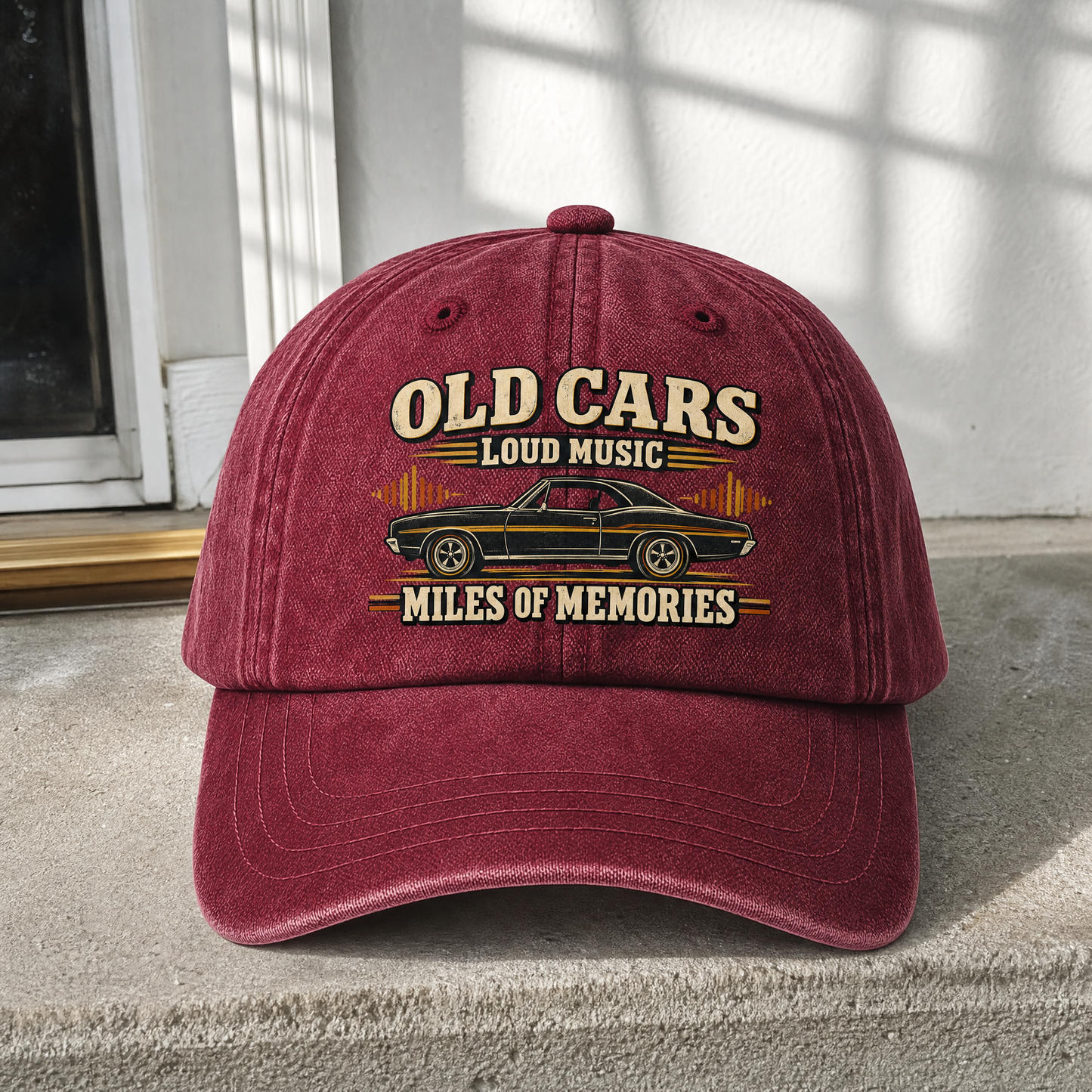 Vintage washed cap with printed “35 old cars loud music miles of memories” design, hero view
