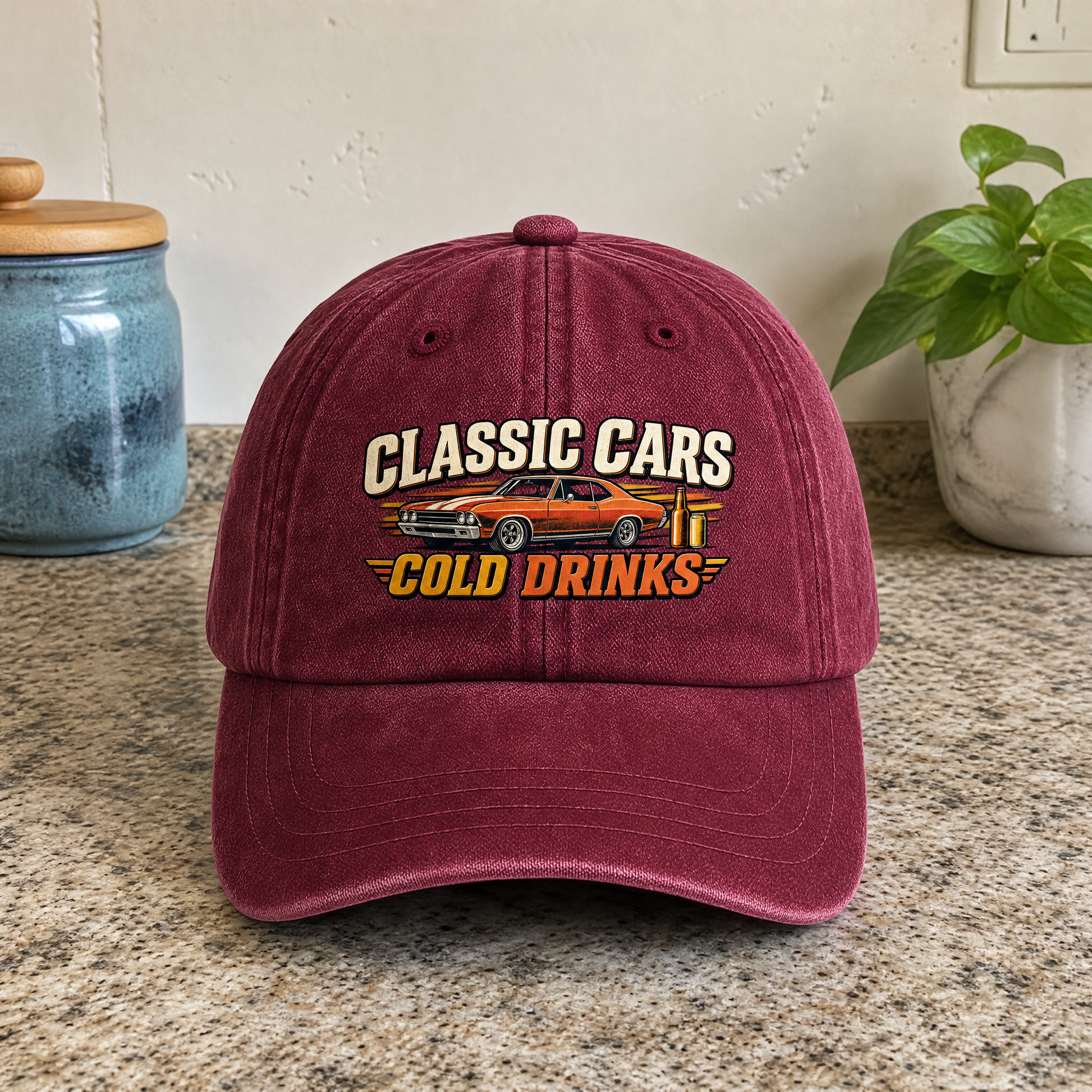 Burgundy vintage washed cap with printed Classic Cars Cold Drinks design, front hero view