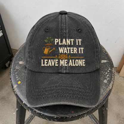 Black vintage washed cap with printed Plant It Water It Leave Me Alone slogan and garden graphics