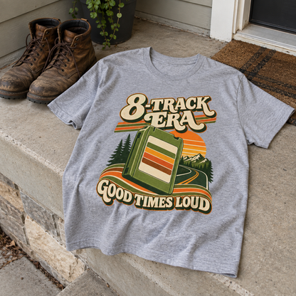 Gray vintage t-shirt on porch with printed cassette and 8-Track Era Good Times Loud design