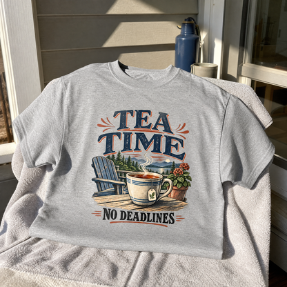 Gray vintage t-shirt with printed Tea Time. No Deadlines design, shown from front.