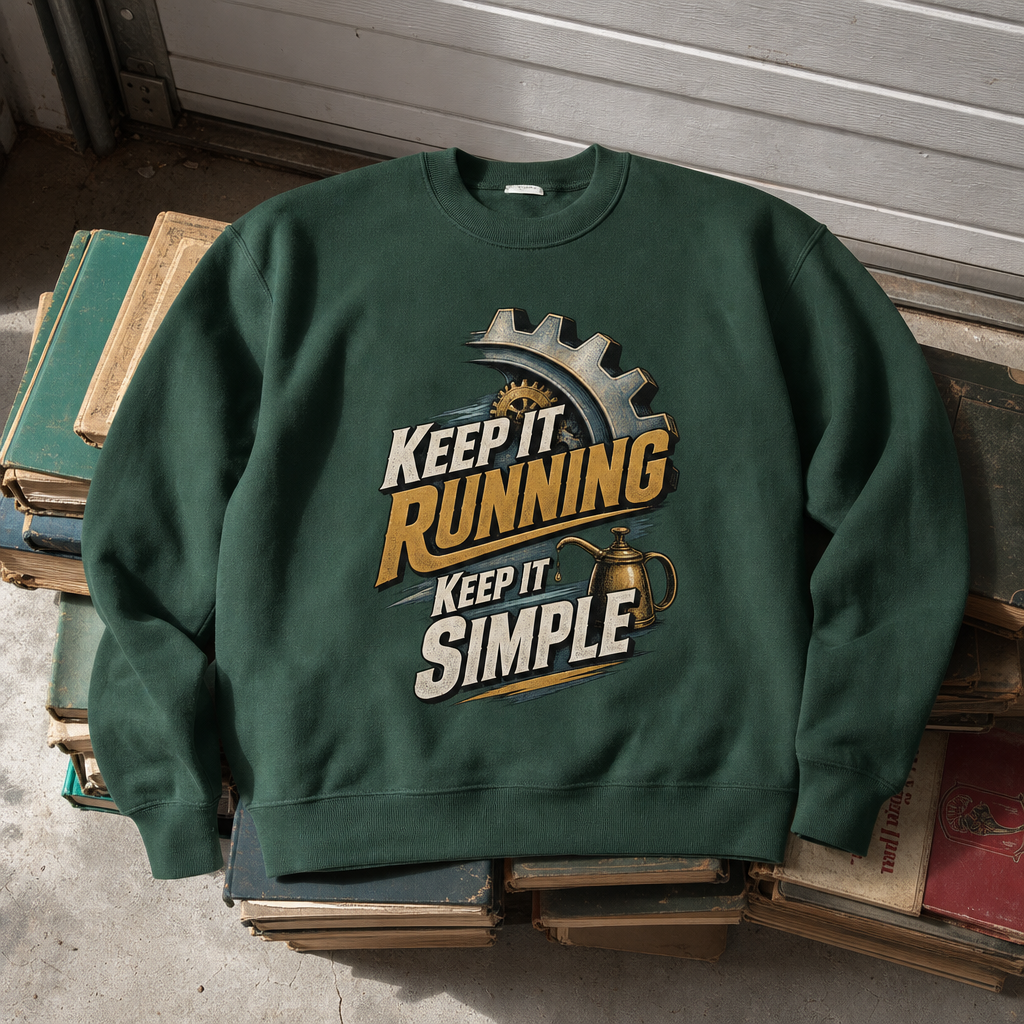 Green vintage sweatshirt with printed gear graphic and “Keep It Running. Keep It Simple” slogan