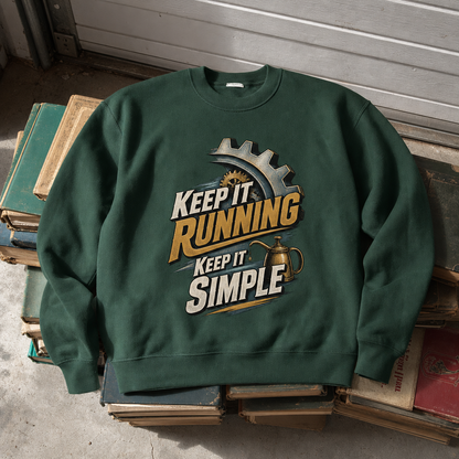 Green vintage sweatshirt with printed gear graphic and “Keep It Running. Keep It Simple” slogan