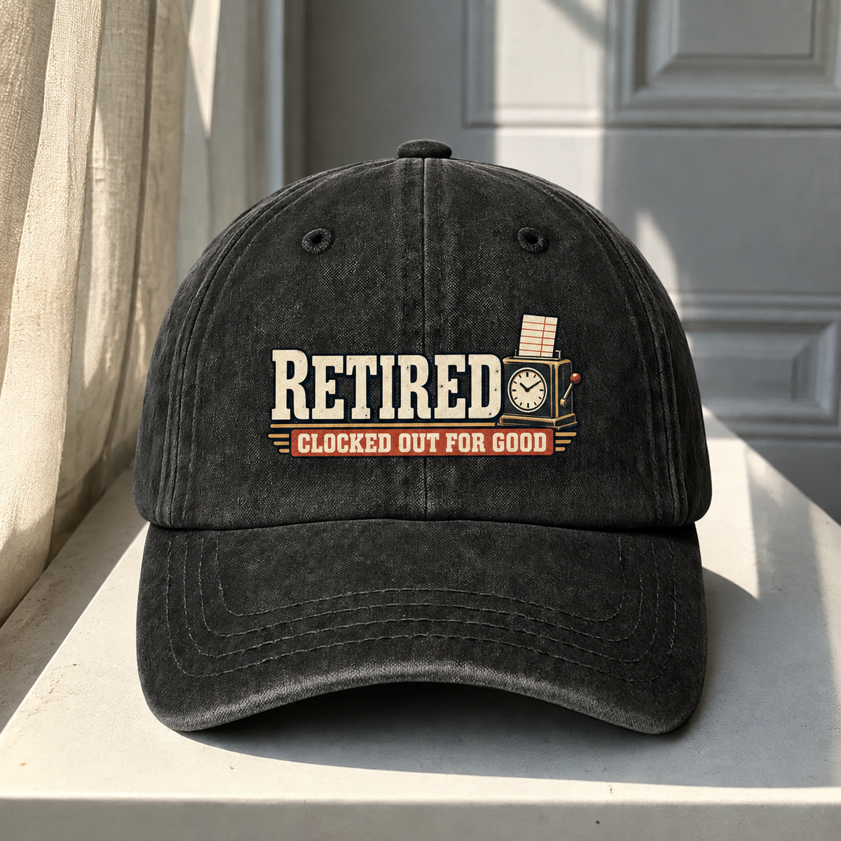 vintage washed cap product shot with Clocked Out For Good printed design