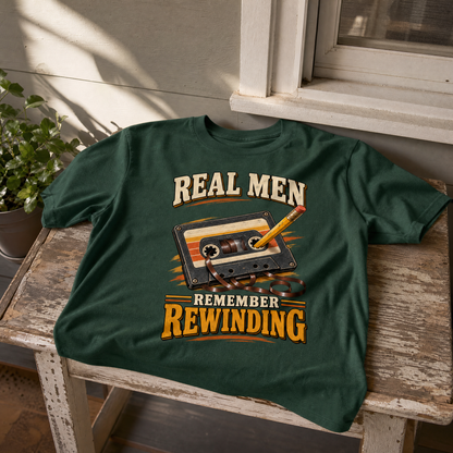 45 Real Men Remember Rewinding Ideogram 4X vintage t-shirt with printed slogan, hero view
