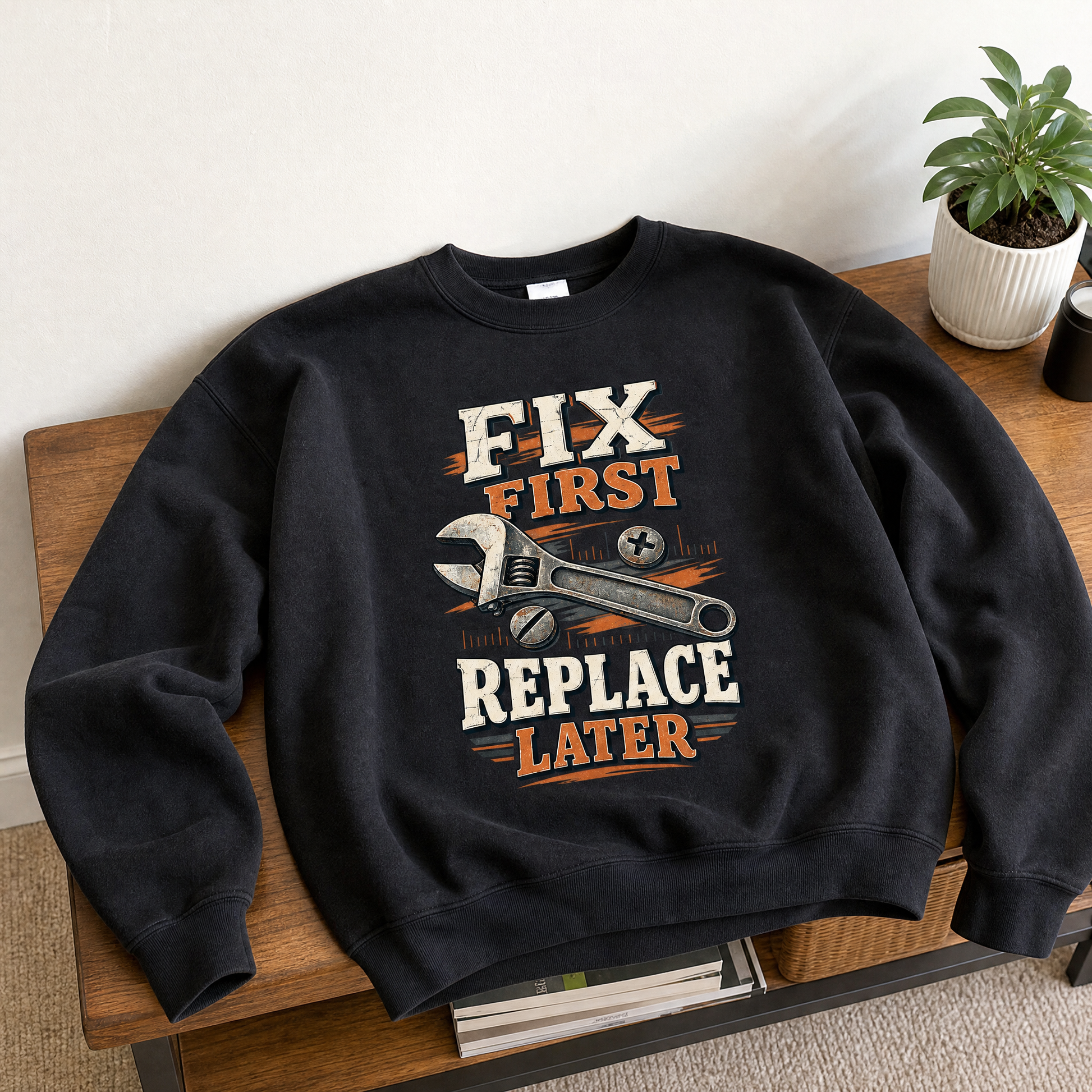 Black vintage sweatshirt with printed “Fix First. Replace Later” wrench design, front view