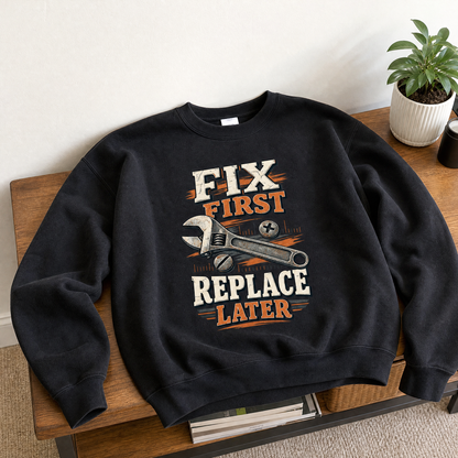 Black vintage sweatshirt with printed “Fix First. Replace Later” wrench design, front view