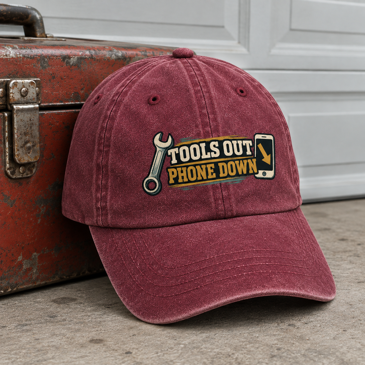 Burgundy vintage washed cap with printed Tools Out. Phone Down design, front hero view