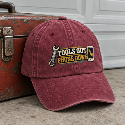 Burgundy vintage washed cap with printed Tools Out. Phone Down design, front hero view