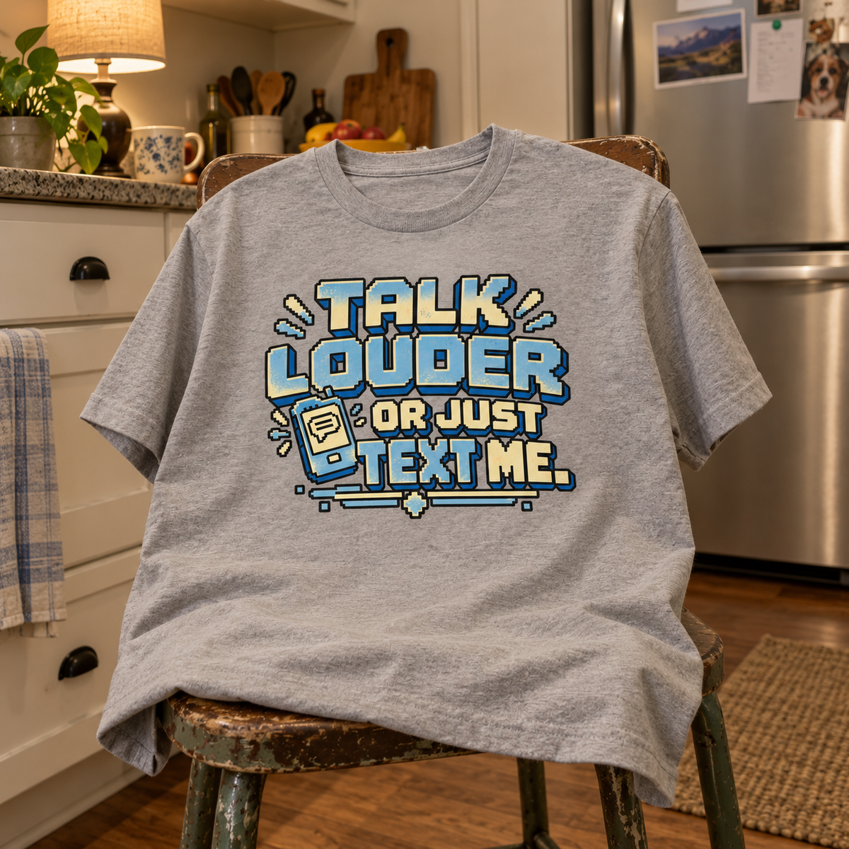 Gray vintage t-shirt with Talk Louder Or Just Text Me print on kitchen chair.