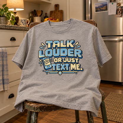 Gray vintage t-shirt with Talk Louder Or Just Text Me print on kitchen chair.
