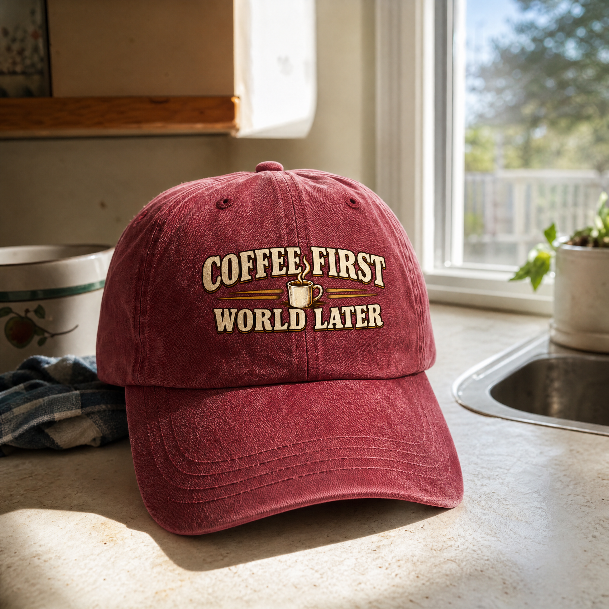 Red vintage washed cap with printed “Coffee First. World Later” slogan, front hero view