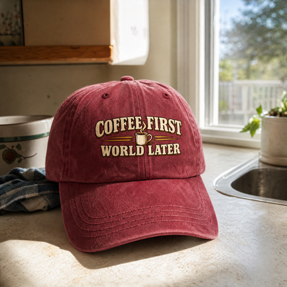Red vintage washed cap with printed “Coffee First. World Later” slogan, front hero view
