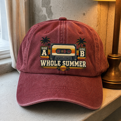 Vintage washed cap with Side A Side B Whole Summer printed slogan, hero view