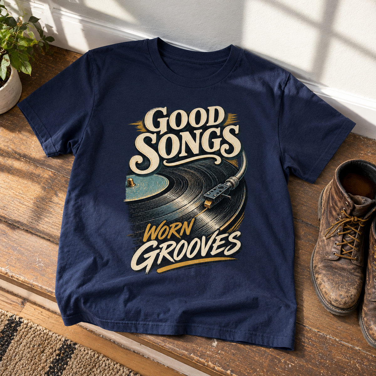 Navy vintage t-shirt with printed Good Songs Worn Grooves vinyl record design, hero view