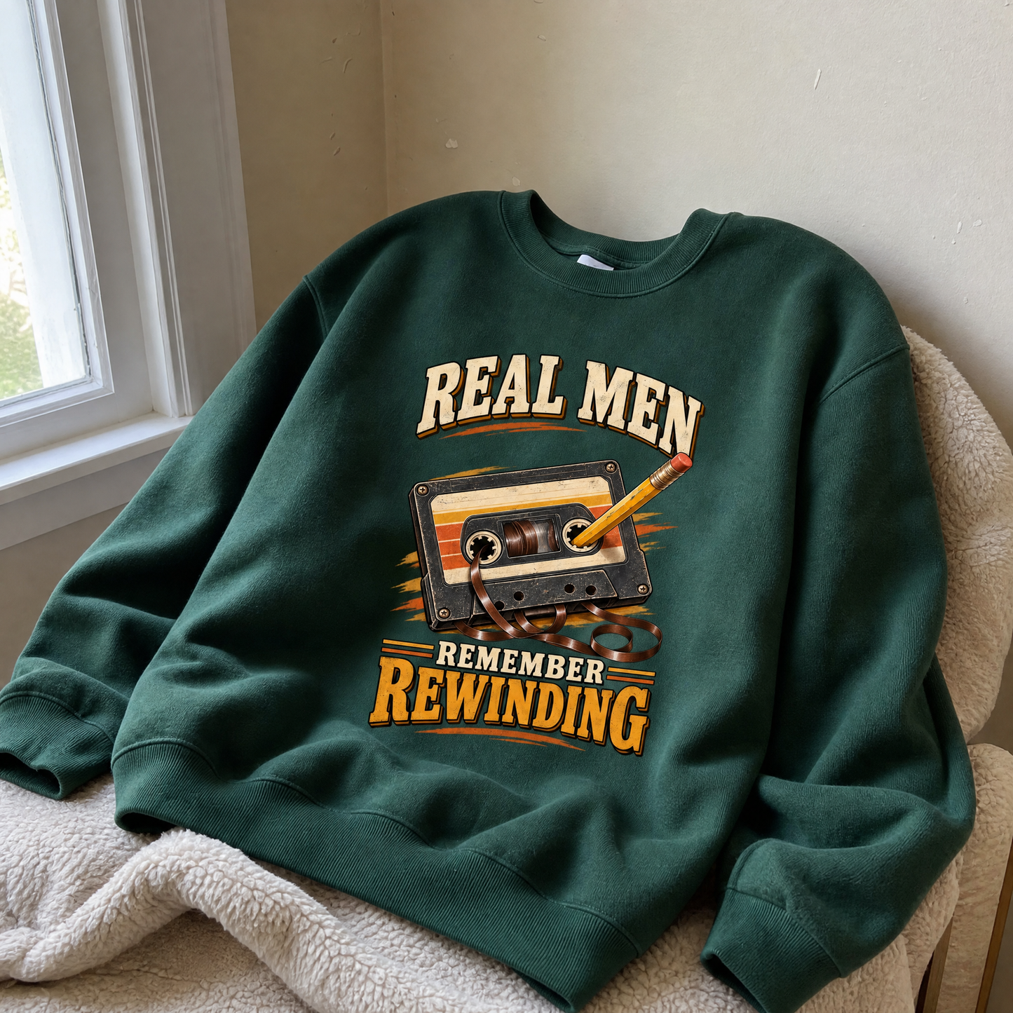 Vintage sweatshirt featuring printed “45 real men remember rewinding ideogram 4x” slogan, hero view