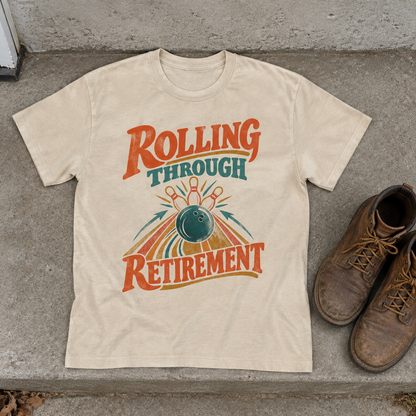 vintage t-shirt product shot with Rolling Through Retirement printed design